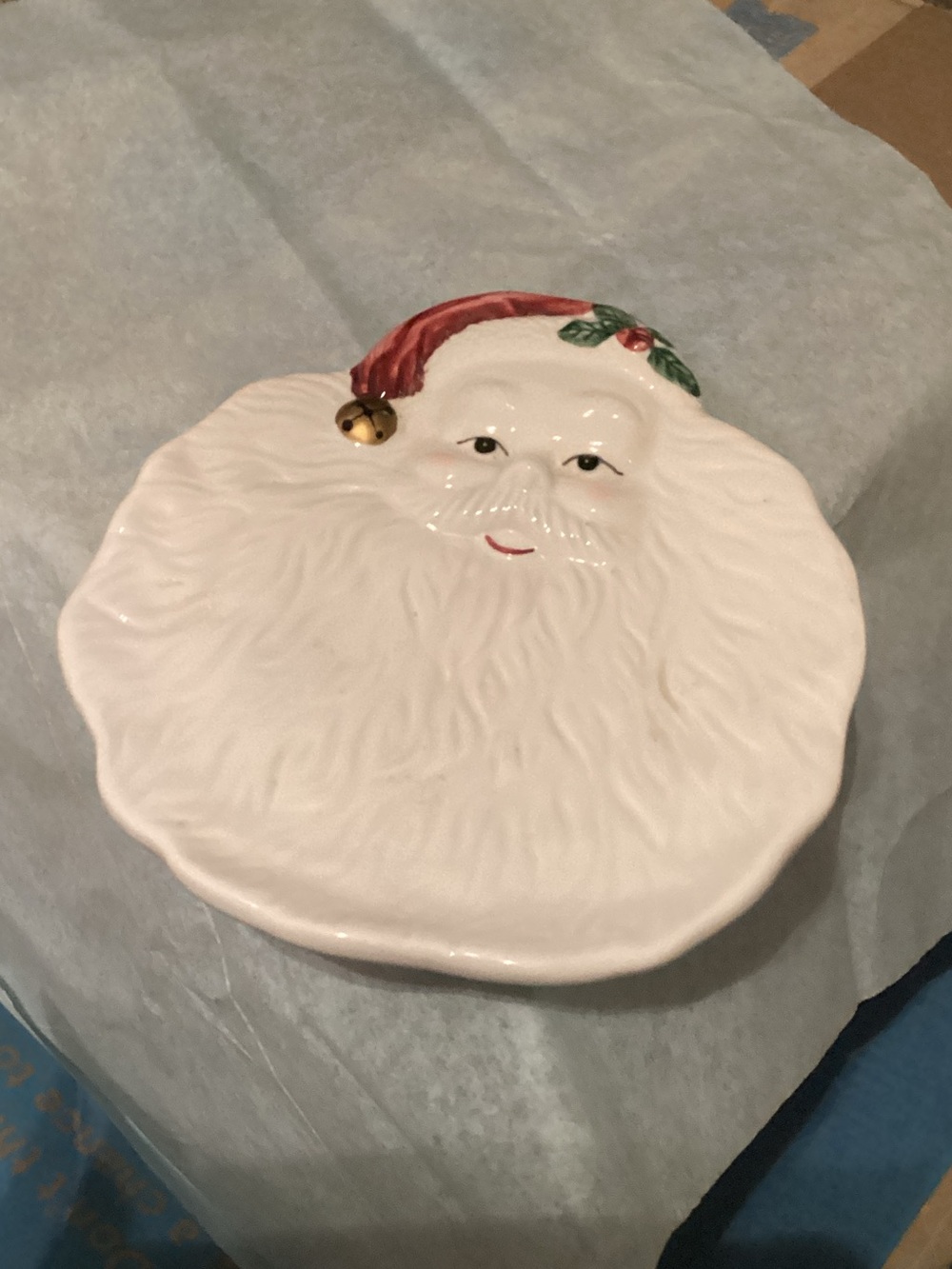 Vintage Festive White Santa Face Ceramic Cookie Plate with Red Hat